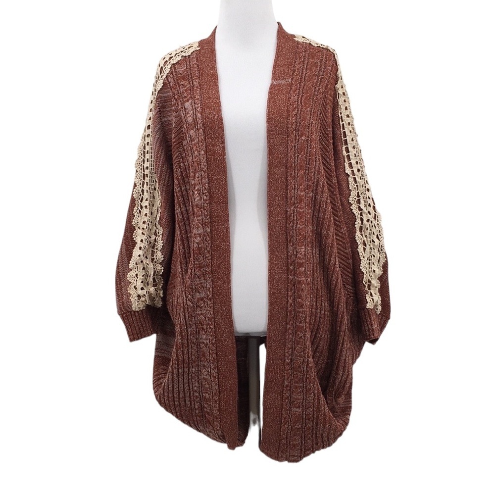 Flying Tomato Red Cardigan Sweater Womens 1X White‎ Lace Dolman Sleeve